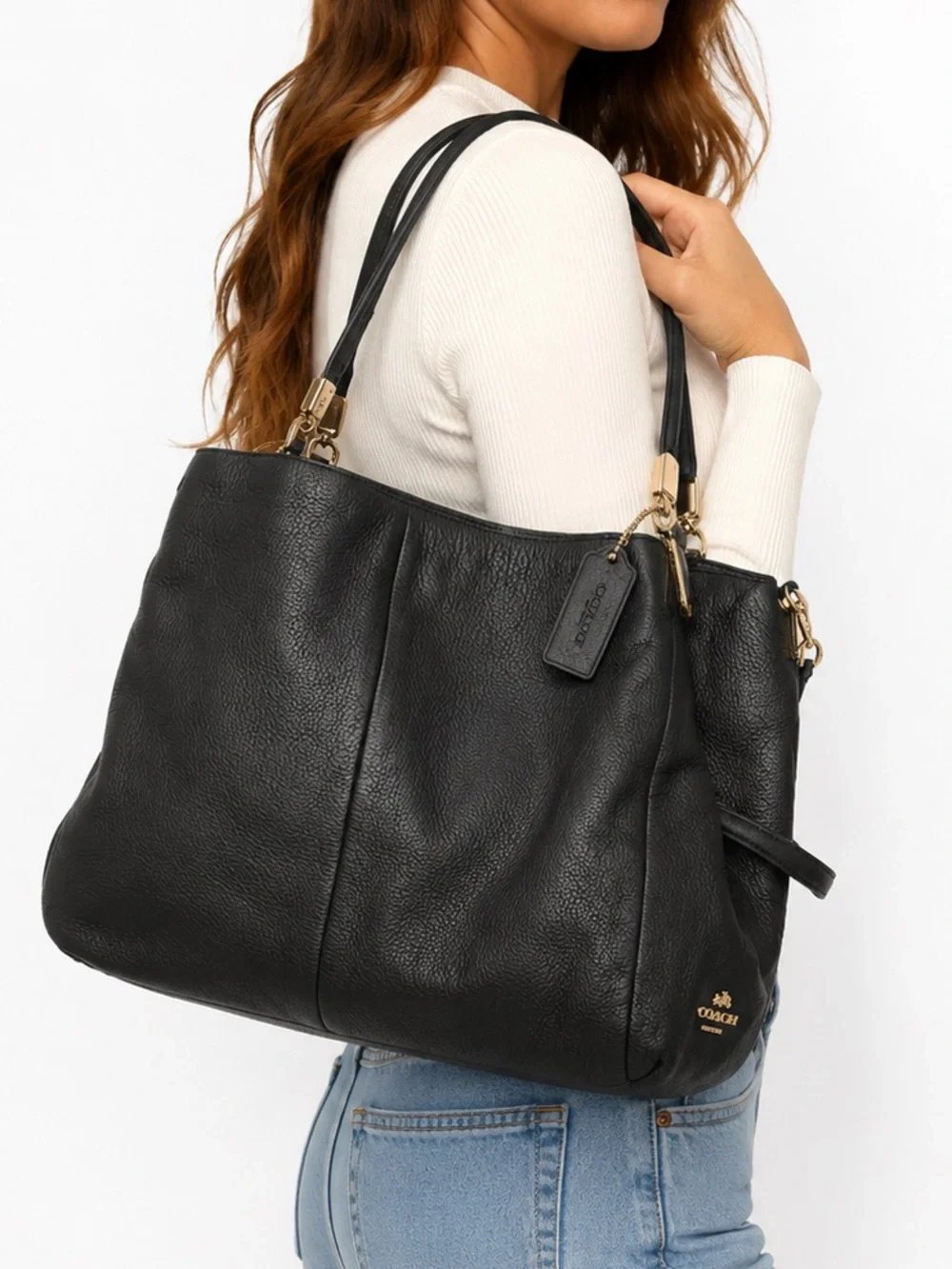 Coach Black Pebbled‎ Leather Shoulder Tote Bag Gold Hardware casual quiet luxury